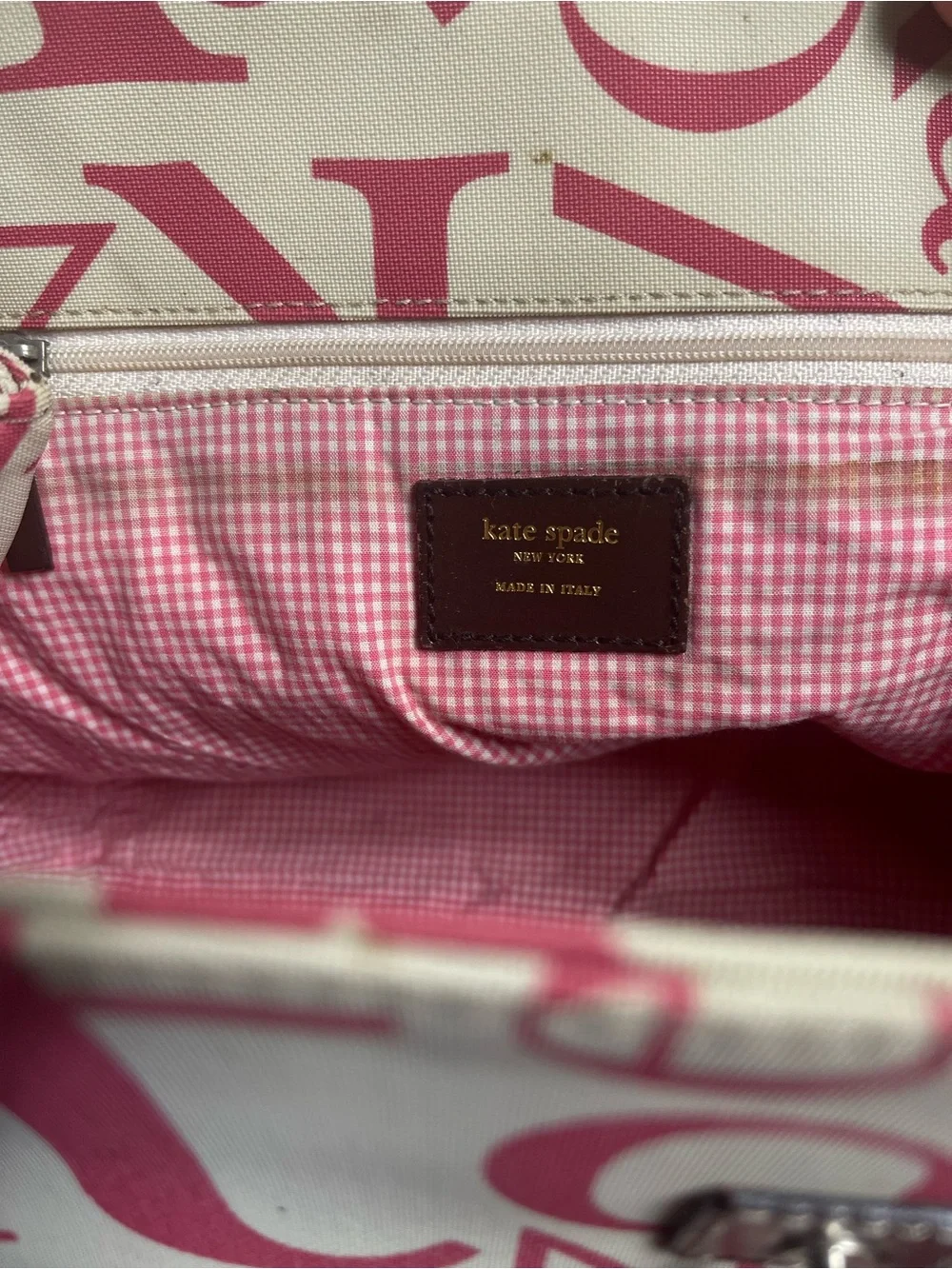 Kate Spade Beige & hot Pink Printed Canvas satchel with leather Brown Handles